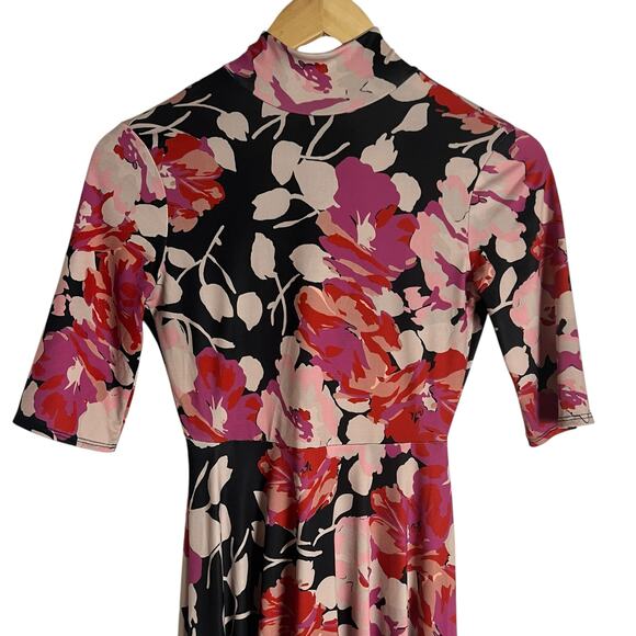 Zara High Neck Pink Floral Print Elbow Sleeve Tie Back Midi Dress Size Small - Picture 4 of 12